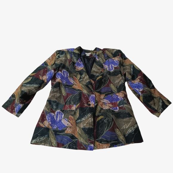 VINTAGE 80s 90s‎ Floral Silk Jacket Blazer M Artsy Tropical Career Office Work - Picture 4 of 13